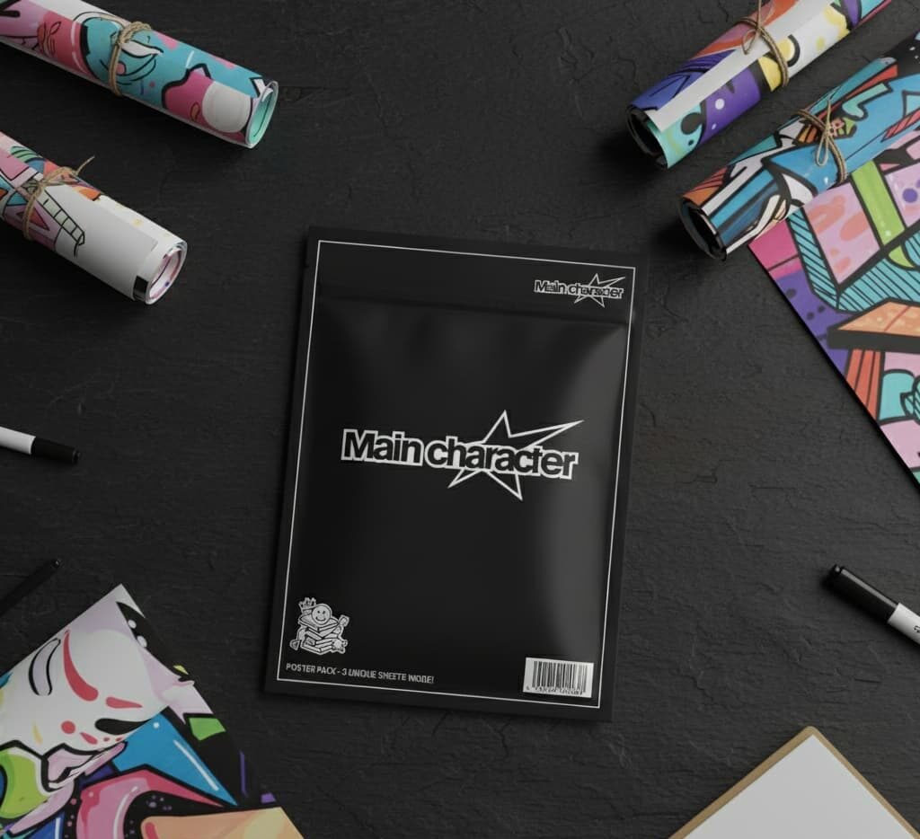 A top-down view of a black "Main Character" poster pack envelope on a dark desk. The package is surrounded by colorful rolled-up art posters, black markers, and various artistic tools.