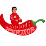 Illustration of F1 driver Carlos Sainz in a red suit standing behind a red chili pepper that contains the text "SMOOOOOTH OPERATOR."