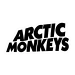 Black and white Arctic Monkeys band logo in a bold, slanted font with a white sticker outline.