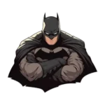 Digital art of Batman with his arms crossed. He is wearing his signature gray and black suit, a black cowl with pointed ears, and a dark cape. His expression is serious, and the image is framed at the bottom by a black bat-shaped outline.